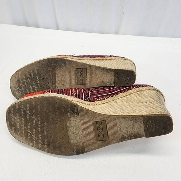 Toms Lina Red Aztec Westrern Espadrille Peep Toe Wedges Boho Casual Womens Size - Picture 7 of 9